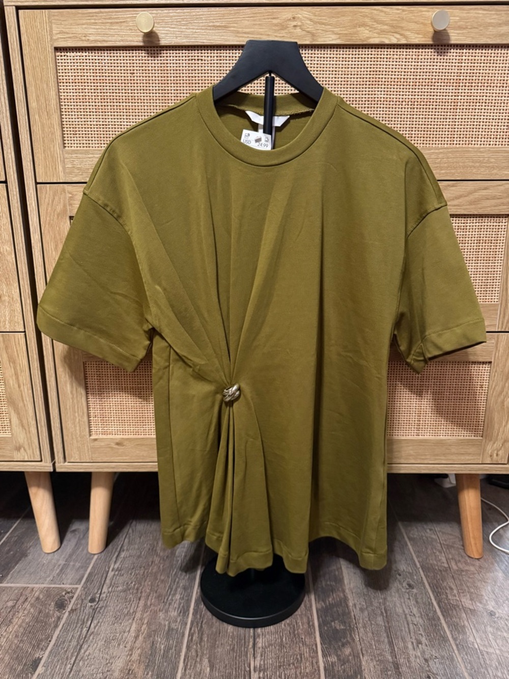 H&M Olive Green Short Sleeve Tee with Side Knot Detail